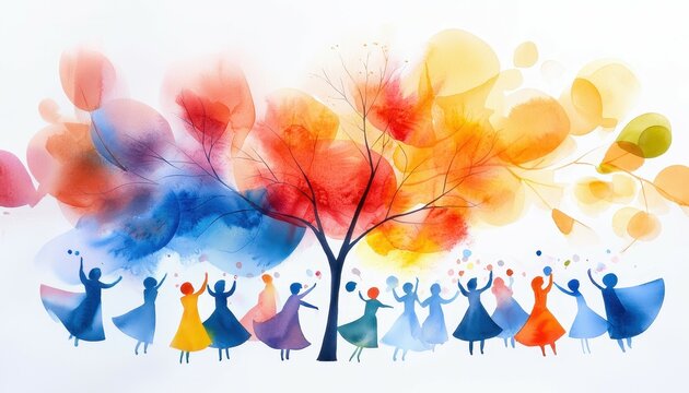 Colorful watercolor scene of women celebrating under a vibrant autumn tree.