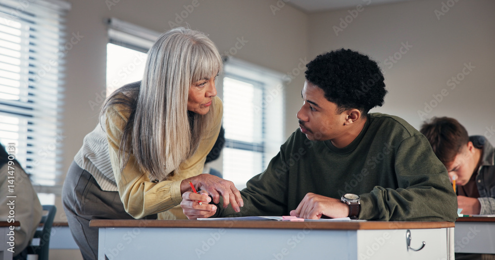 Aufkleber School, classroom and teacher with boy help for assessment, assignment and explain test questions. University, academy and educator with student for learning, teaching and education at college