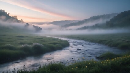 Fototapeta premium Flowing River Through Foggy Meadow at Dawn Landscape Scenery
