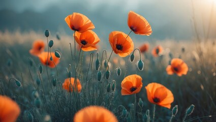 Obraz premium Orange Poppy Flowers Blooming in a Field at Dawn with Sunlight