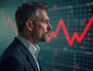 A stressed businessman stares at a sharply dropping red line graph, symbolizing economic crisis, financial loss, and declining sales in a tense business environment.