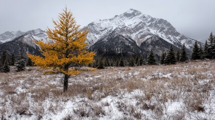 Obraz premium Solitary yellow tree in snowy winter landscape peaceful nature scene