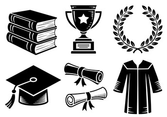 Graduation, education and achievement symbols, set of black vector silhouettes, including books, trophy, laurel wreath, graduation cap, diploma, gown