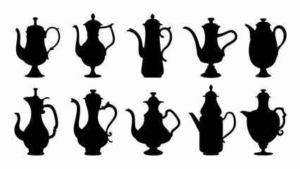set of teapots silhouette vector on white background