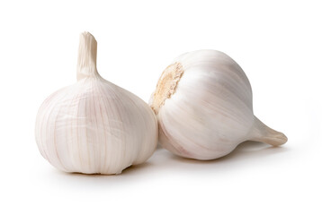 Side view of two white garlic bulbs in stack  isolated on white background with clipping path