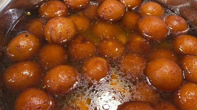Close up shot of delicious Gulab Jamun, an Indian sweet dish.