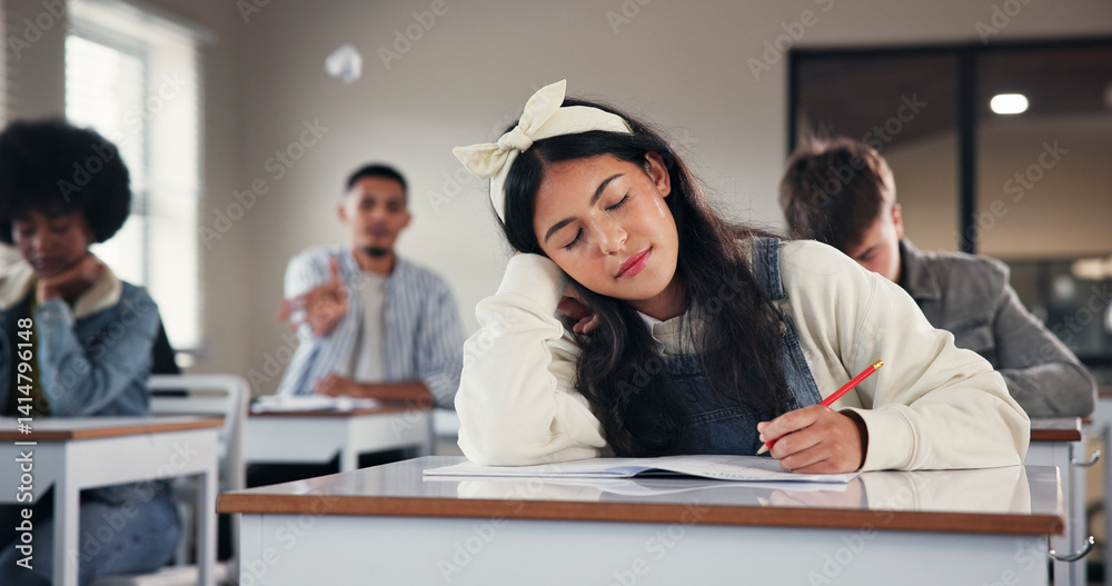 Poster Girl, tired and sleeping with notebook in classroom for education, development and scholarship at high school. Student, brain fog and fatigue with books, learning and exhausted with notes at academy