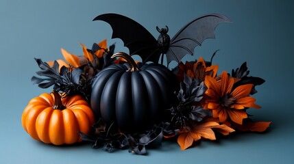 Naklejka premium Spooky Halloween Still Life: Black Pumpkins, Orange Pumpkins, Bat, and Dark Flowers