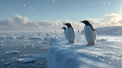 Fototapeta premium Penguins on Ice Floe, Cold Landscape
