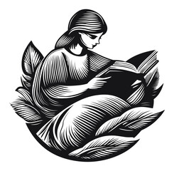Elegant Woodcut of a Woman Reading Amidst Lush Leaves