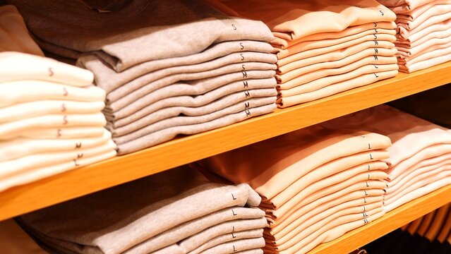 Stacked uniform t-shirts in retail store symbolize mass production of basic apparel Neatly folded fashion pieces organized by size and color Concept of efficient store store design store display 