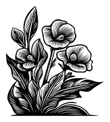 Intricate Woodcut Style Illustration of Three Flowers and Leaves