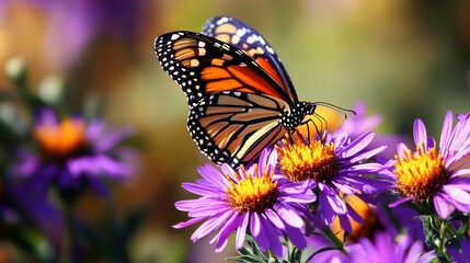 Fototapeta premium Monarch butterfly on purple flowers in a garden