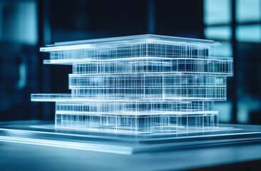 Holographic Model of Office Building Made from Transparent Glass Material