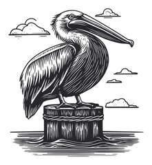 Intricate Woodcut Engraving of a Pelican on a Post with Clouds
