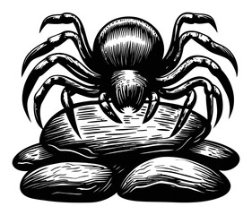 Black and White Engraving of Spider on Rocks in Woodcut Style