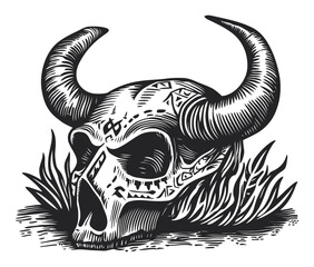 Intricate Engraving of a Skull with Horns Surrounded by Grass