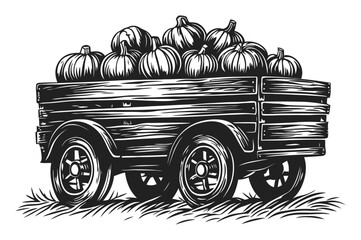 Vintage Woodcut Style Illustration of Pumpkin Cart on Farm