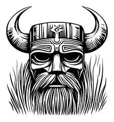 Detailed Viking Warrior Mask Woodcut Art in Black and White