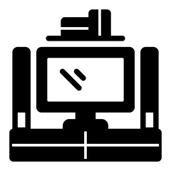 TV on table with drawers and audio system solid icon, house interior concept. Vector graphics. Television desk sign on white background, glyph style mobile or design.