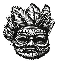 Intricate Engraved Woodcut Illustration of a Tribal Mask Design