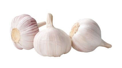Side view of three white garlic bulbs in stack isolated on white background with clipping path