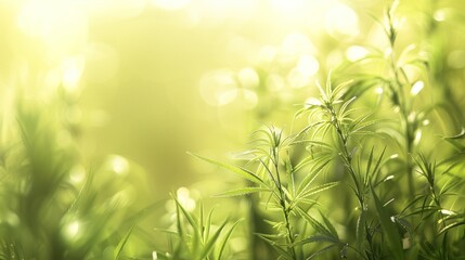 Fototapeta premium Lush Green Cannabis Plants Under A Soft, Bokeh-Filled Light. Herbal Medicine, Wellness Concept.
