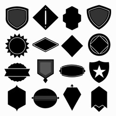 A collection of 24 black silhouette badge and label icons in various shapes