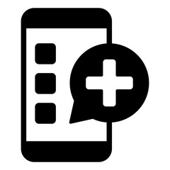 Obraz premium Smartphone message with medical cross solid icon, human rescue concept. Vector graphics. Phone with plus bubble sign on white background, glyph style mobile or design.