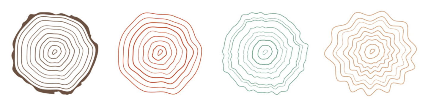 Vector illustration of a hand-drawn, wavy concentric tree ring pattern with an editable stroke, created from a sliced tree trunk with a ripple ring line pattern shape in organic wood