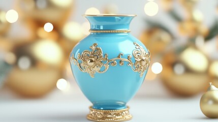 Artistic still life of a modern vase in blue and traditional gold ornament on a white backdrop