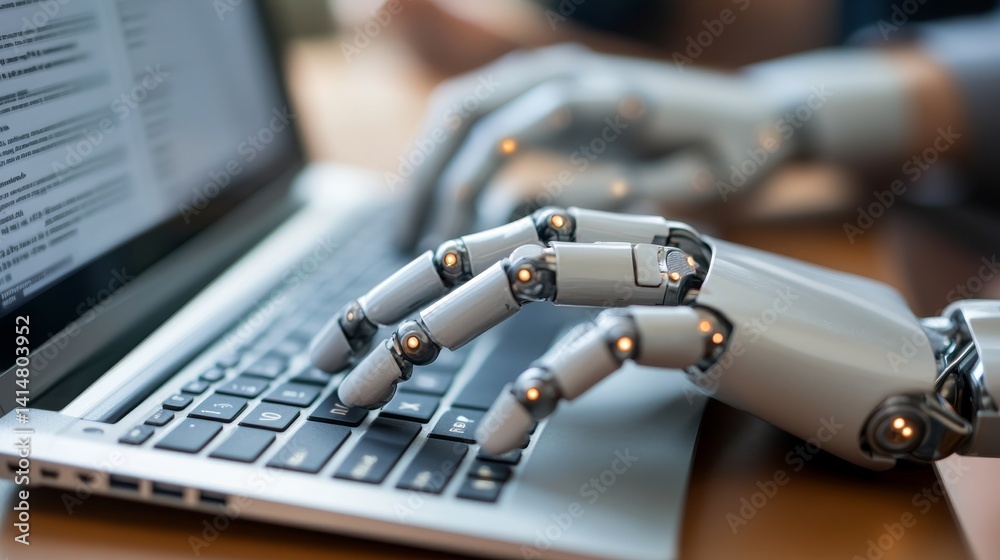Poster advanced robotics robot hand typing on laptop keyboard, office setting, ai and automation concept