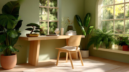 Fototapeta premium Sunlit Home Office with Wooden Desk and Abundant Greenery