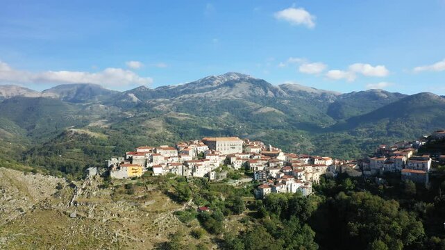 The town of Aieta on top of the green hills in Europe, Italy, Calabria, in summer, on a sunny day.&nbsp;