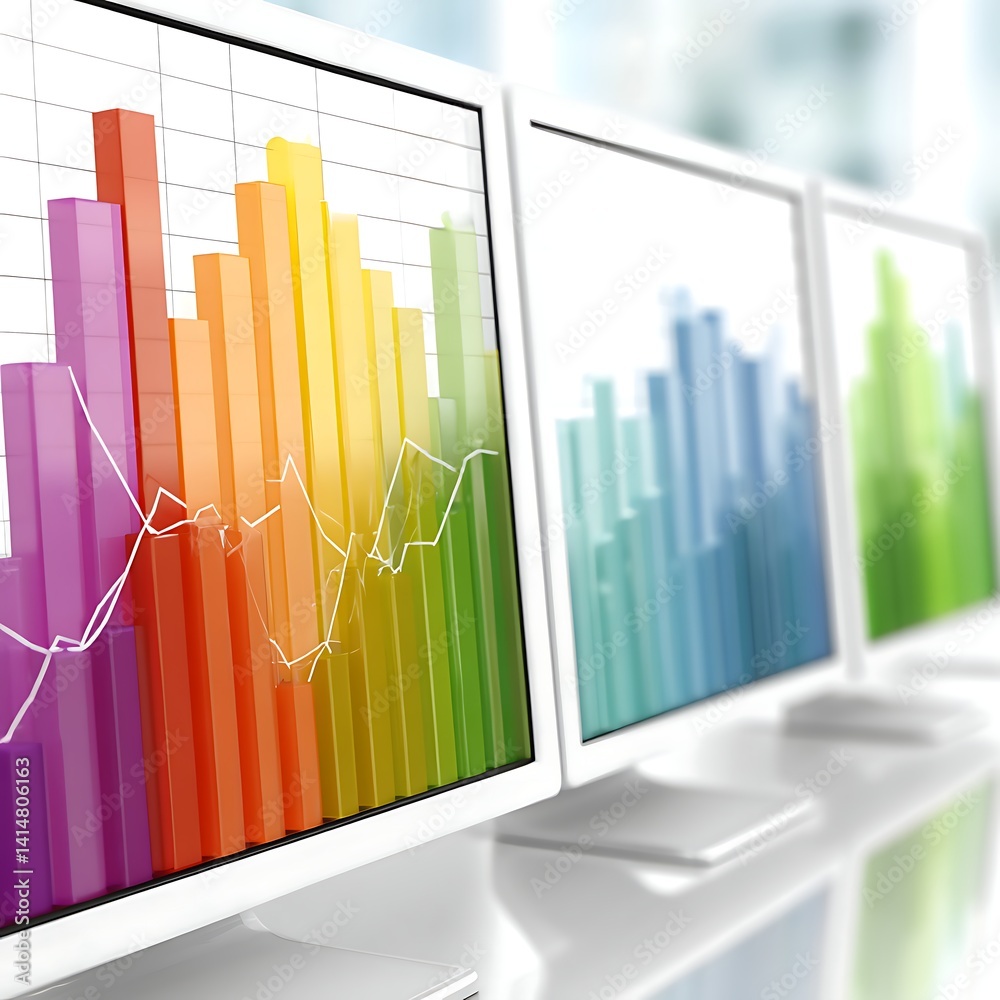 Poster colorful bar chart displays on computer screens in a modern office setting for data analysis.