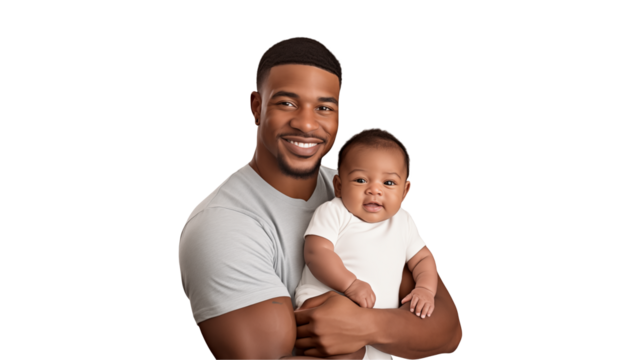 Fatherhood journey: happy african american dad holding newborn baby portrait isolated on transparent background