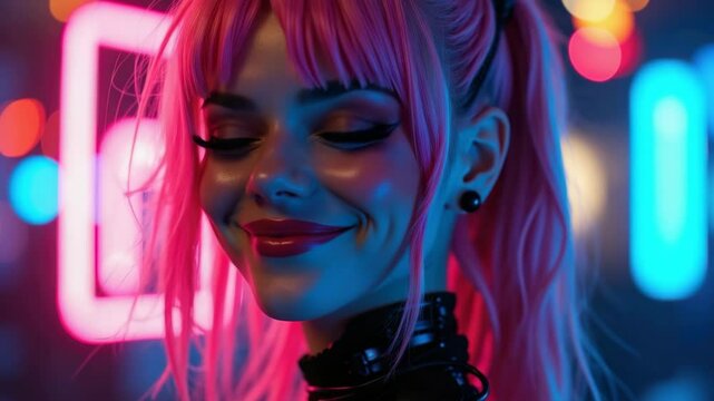 A striking portrait of a woman with pink hair illuminated by colorful neon lights, showcasing modern urban aesthetic.