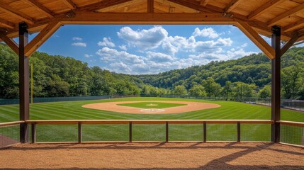 Fototapeta premium Dugout rail with protective fencing framing a view of the field from ground level