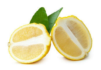 Front view of ripe yellow lemon fruit in two halves in oval or ellipses in heap isolated on white...
