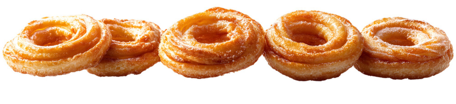 Sugar-coated fried dough pastries or Churo Swirl stacked together isolated on a white transparent background. Concept of sweet and delicious snack food