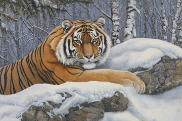 Obraz premium A Siberian tiger gazing intensely from behind snow-covered rocks in the depths of a Russian taiga forest