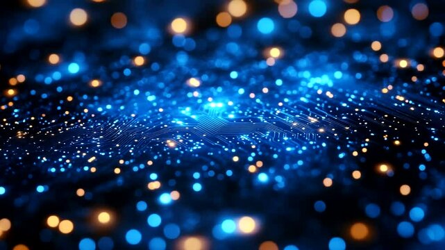Blue gold bokeh lights swirl, dark background, digital art, website header