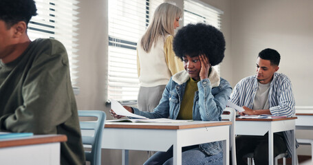 Girl, student and frustrated for test results in classroom with exam fail, low grade and headache...