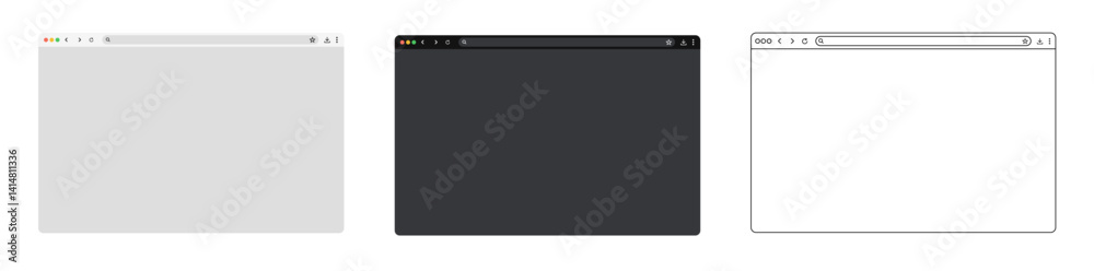 Aufkleber Browser window website mockup template with fill and outline stroke, including frames for PC, laptop, tablet, and mobile inLight and Dark modes for UI and web design presentations.
