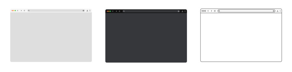 Browser window website mockup template with fill and outline stroke, including frames for PC, laptop, tablet, and mobile inLight and Dark modes for UI and web design presentations.