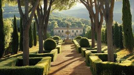 French garden featuring radial lines of trimmed hedges converging toward a stone centerpiece