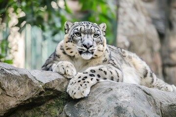 Fototapeta premium A snow leopard perched on a rocky ledge in the Himalayas, its fur blending perfectly with the rugged terrain