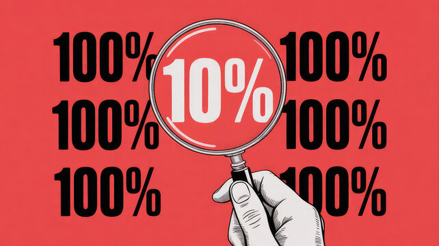 Decoding a Critical Ten Percent: A magnified inspection uncovers a pivotal ten percent amidst a sea of overwhelming one hundred percent, visually conveying importance in a modern way. 