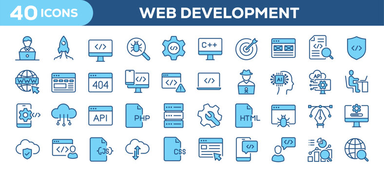Web development icons set. Web colors line icons collection related coding, programmer, app, website, api. Editable stroke. Perfect pixel vector illustration isolated on white background.