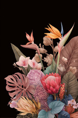 poster of a beautiful arts bouquet of tropical flowers, orchids, monstera